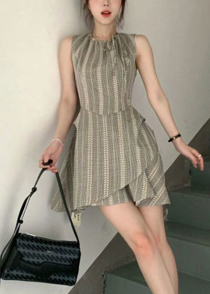 Cotton Grey French Sleeveless Dress Mini Lace Up Striped FashionChic