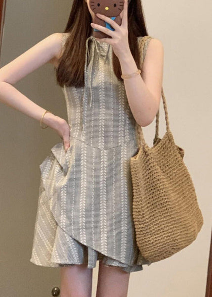 Cotton Grey French Sleeveless Dress Mini Lace Up Striped FashionChic