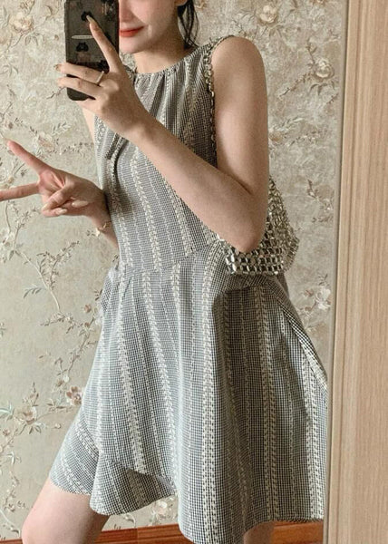 Cotton Grey French Sleeveless Dress Mini Lace Up Striped FashionChic