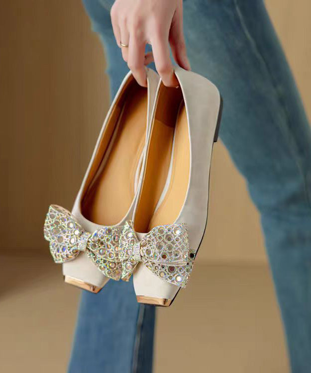 Shoes Splicing Suede Grey Women For Flat Zircon French Bow FashionChic