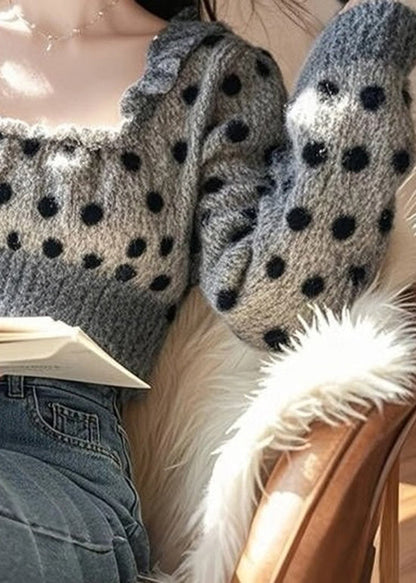 French Grey U Neck Ruffled Dot Knit Sweaters Spring TN035 ABC