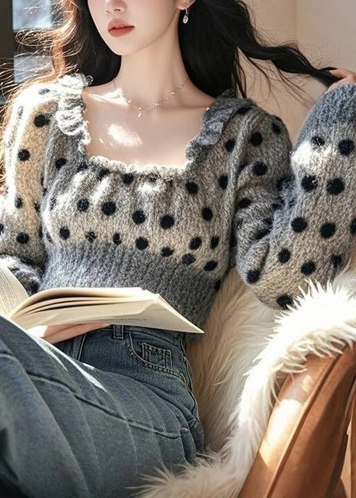 French Grey U Neck Ruffled Dot Knit Sweaters Spring TN035 ABC