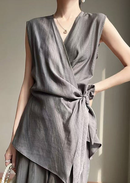 Grey Up Cotton Shirt French Lace Sleeveless Neck V FashionChic