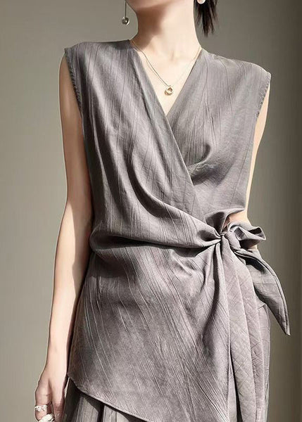 Grey Up Cotton Shirt French Lace Sleeveless Neck V FashionChic