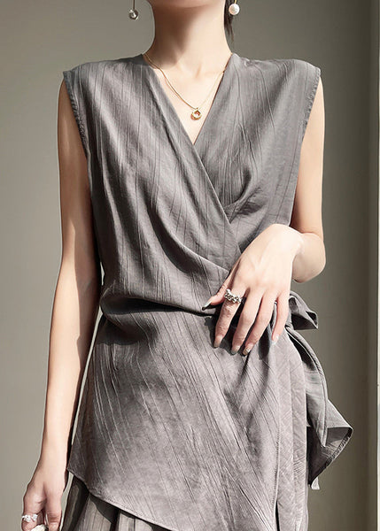 Grey Up Cotton Shirt French Lace Sleeveless Neck V FashionChic