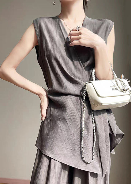 Grey Up Cotton Shirt French Lace Sleeveless Neck V FashionChic
