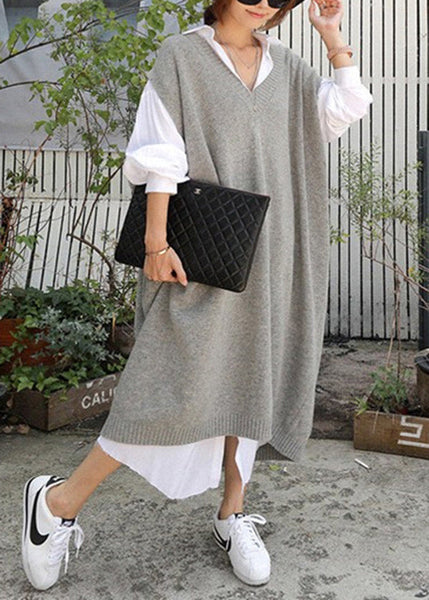 French Grey V Neck Long Knit Vest Sleeveless QR009 BB-ZS-WM-VTP240929