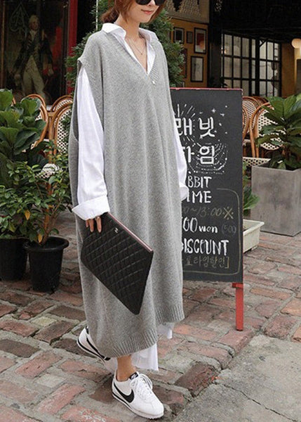 French Grey V Neck Long Knit Vest Sleeveless QR009 BB-ZS-WM-VTP240929