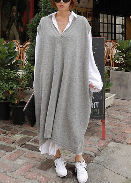 French Grey V Neck Long Knit Vest Sleeveless QR009 BB-ZS-WM-VTP240929