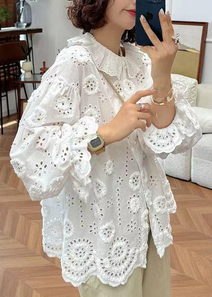 French Handmade White Puff Sleeve Hollow Out Floral Cotton To WN016 ABC