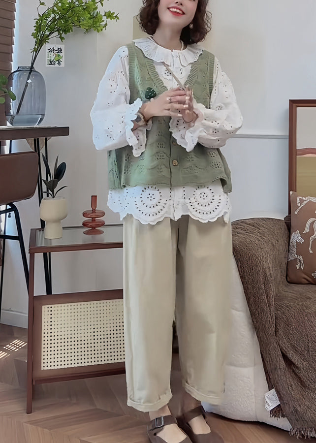 French Handmade White Puff Sleeve Hollow Out Floral Cotton To WN016 ABC