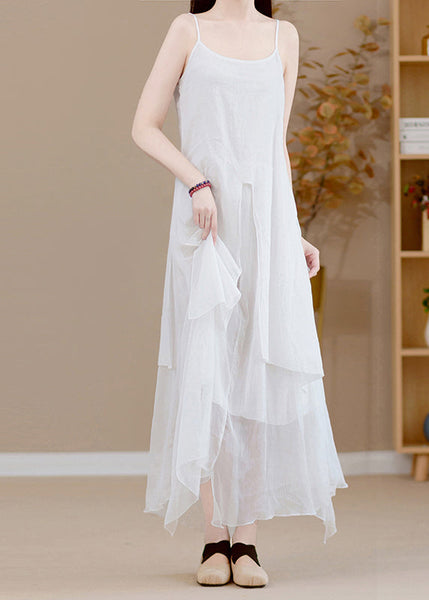 French Khaki Asymmetrical Patchwork Cotton Spaghetti Strap Dress Sleeveless LK010 GK-SDL240710