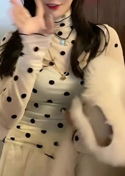 French Khaki Hign Neck Dot Slim Fit Tulle Tops Fall RF004 ABC