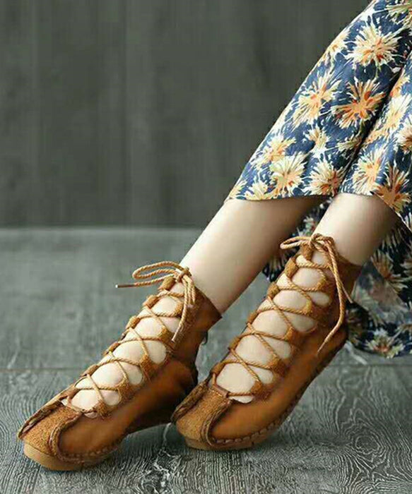 French Khaki Hollow Out Lace Up Cowhide Leather Flats Feet Shoes RT1049 Ada Fashion