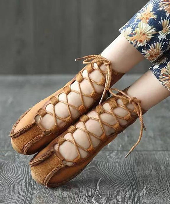 French Khaki Hollow Out Lace Up Cowhide Leather Flats Feet Shoes RT1049 Ada Fashion