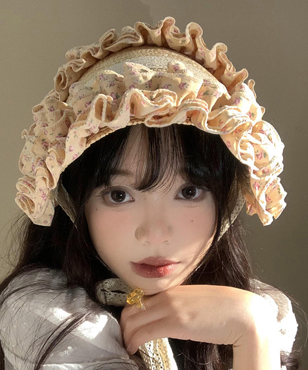 French Khaki Lace Ruffled Patchwork Straw Woven Hat WB022 ABC