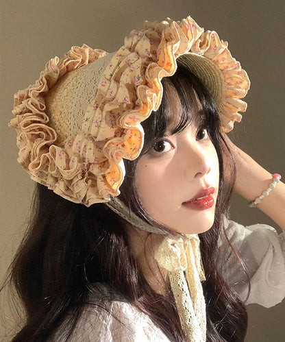 French Khaki Lace Ruffled Patchwork Straw Woven Hat WB022 ABC