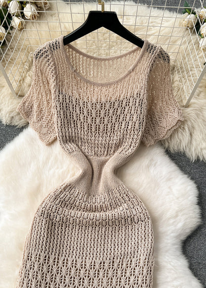 French Khaki O Neck Hollow Out Knit Two Pieces Set Summer TR047 ZS-TPIEC240730