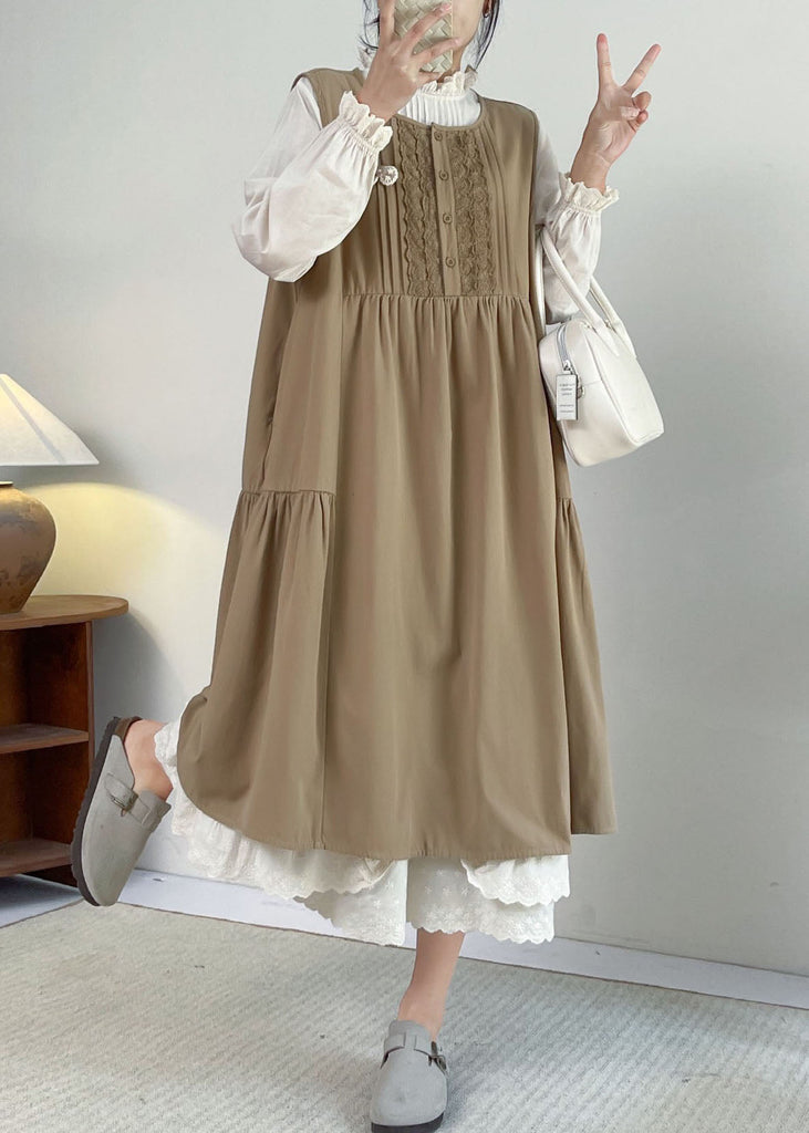 French Khaki O-Neck Lace Patchwork Long Dress Sleeveless BV029 MZF-SDL240702