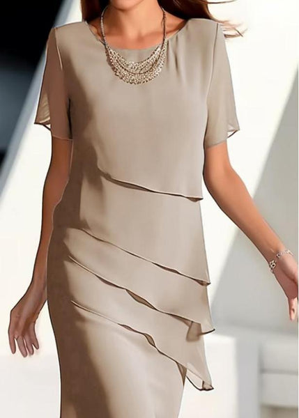 Short Dresses French Chiffon Layered Maxi Solid O-Neck Khaki FashionChic