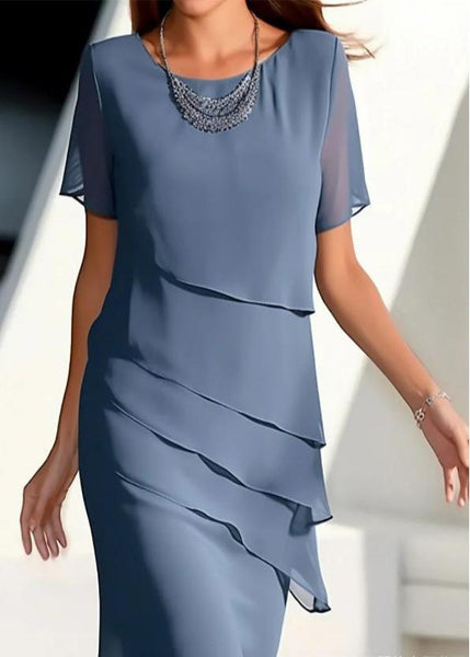 Short Dresses French Chiffon Layered Maxi Solid O-Neck Khaki FashionChic