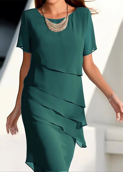 Short Dresses French Chiffon Layered Maxi Solid O-Neck Khaki FashionChic