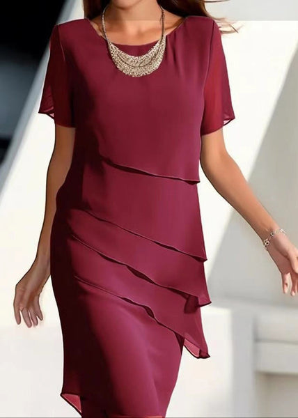 Short Dresses French Chiffon Layered Maxi Solid O-Neck Khaki FashionChic