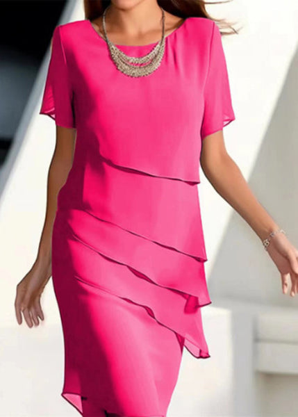 Short Dresses French Chiffon Layered Maxi Solid O-Neck Khaki FashionChic