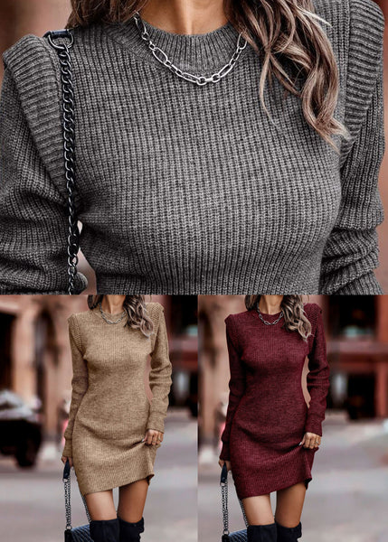 French Khaki O-Neck Patchwork Knit Sweaters Dresses Fall QA016 OM-BB241009