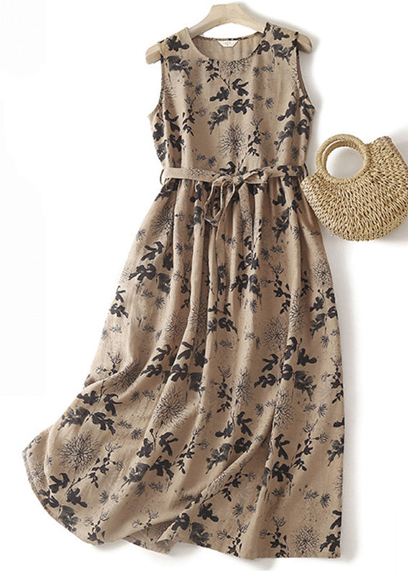 French Khaki O Neck Print Tie Waist Cotton Long Dresses Sleeveless GG005 MZF-SDL240610