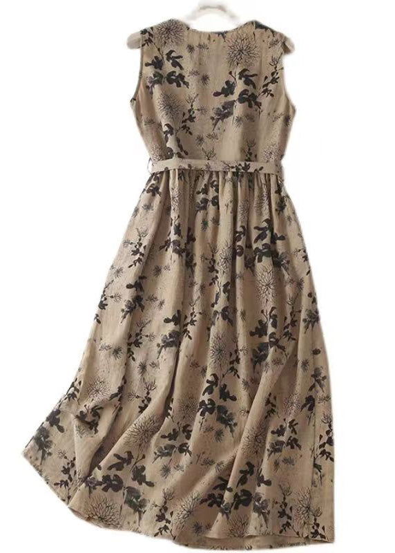 French Khaki O Neck Print Tie Waist Cotton Long Dresses Sleeveless GG005 MZF-SDL240610