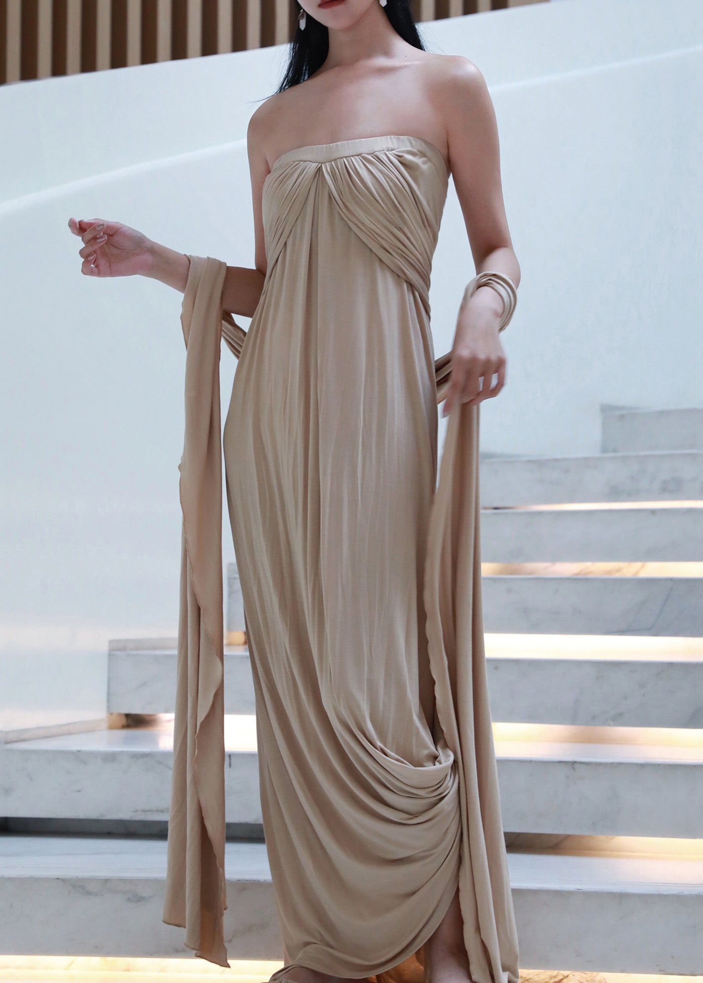 Off French Wrinkled Shoulder Dresses Cotton Khaki Long The FashionChic