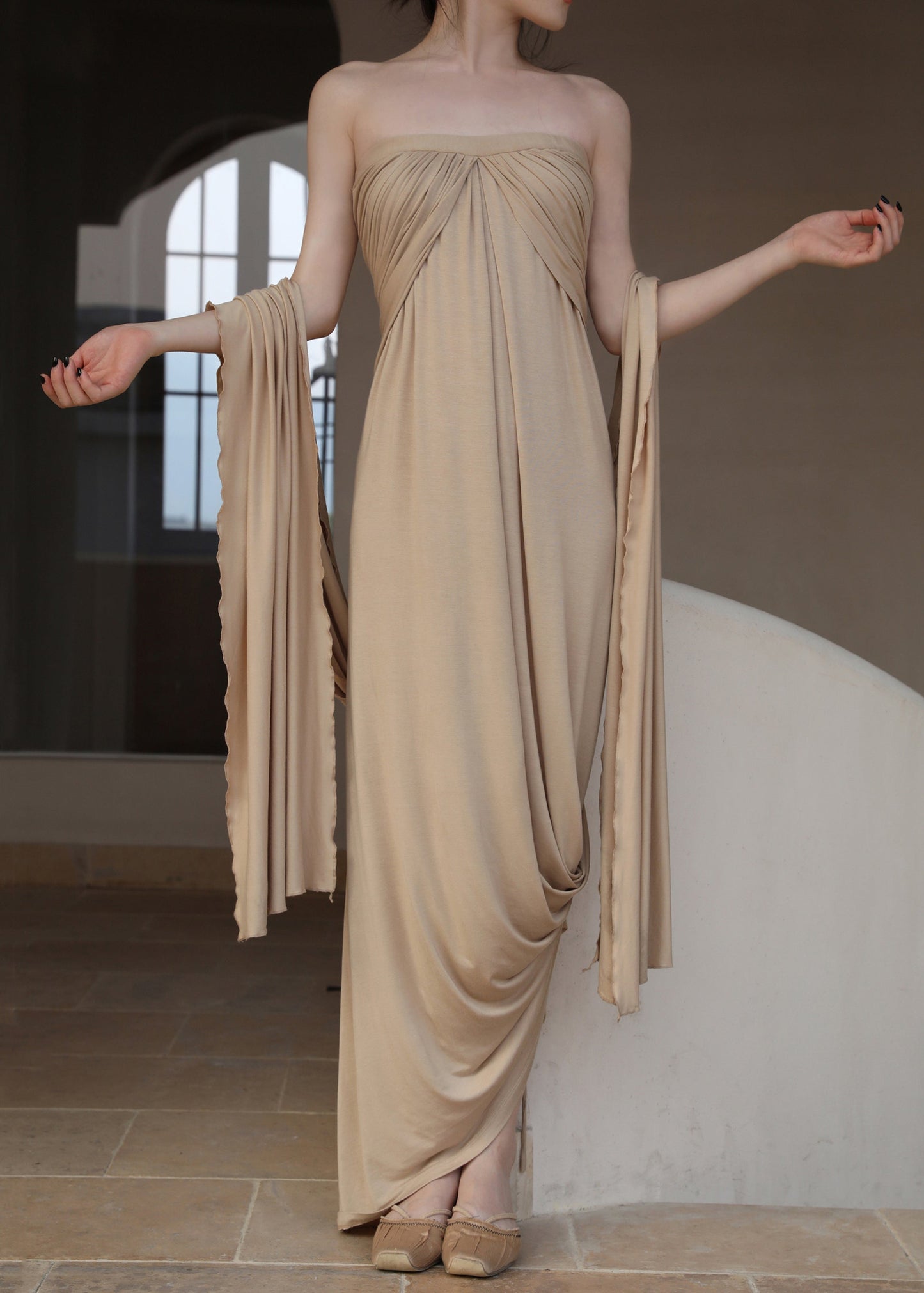 Off French Wrinkled Shoulder Dresses Cotton Khaki Long The FashionChic