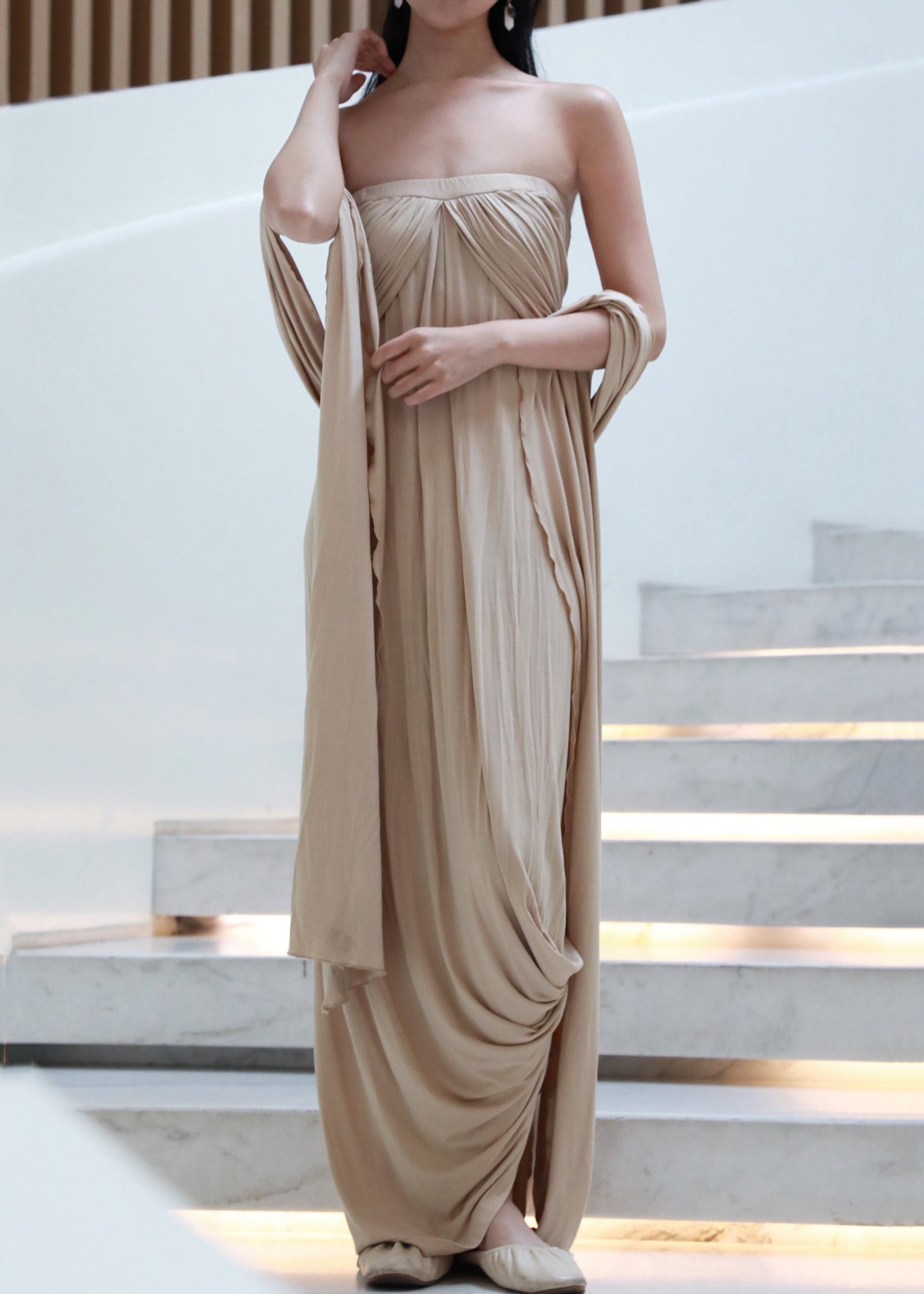 Off French Wrinkled Shoulder Dresses Cotton Khaki Long The FashionChic