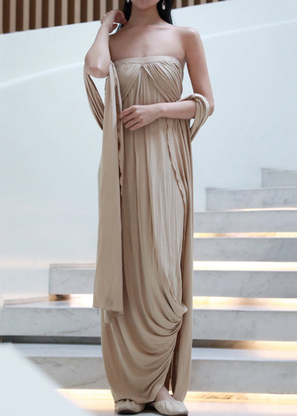 Off French Wrinkled Shoulder Dresses Cotton Khaki Long The FashionChic