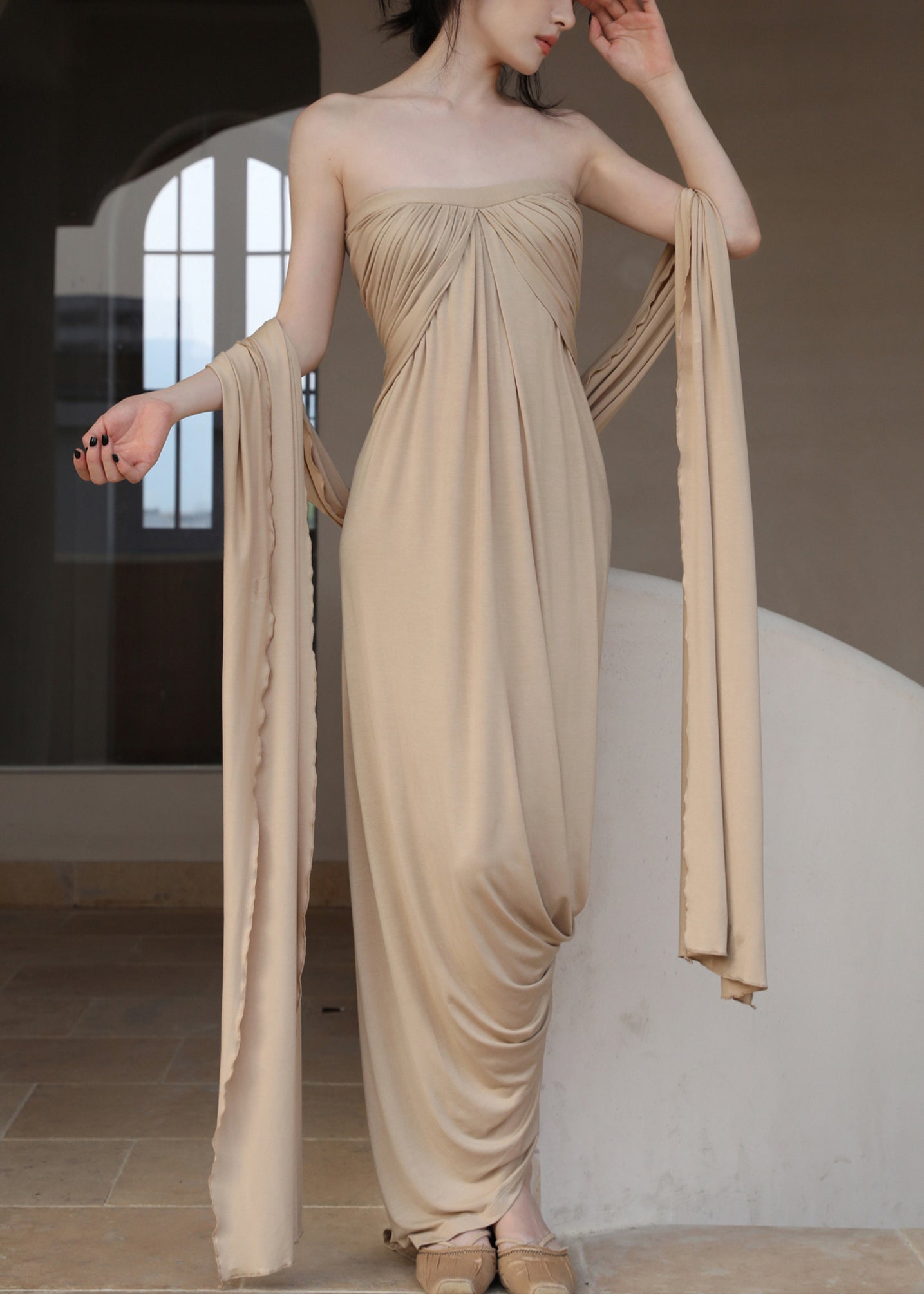 Off French Wrinkled Shoulder Dresses Cotton Khaki Long The FashionChic