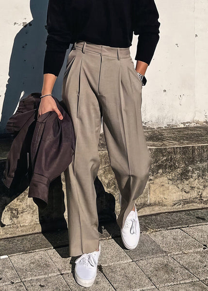 Pockets Solid Pants Fall Waist French High Khaki Mens Spandex FashionChic