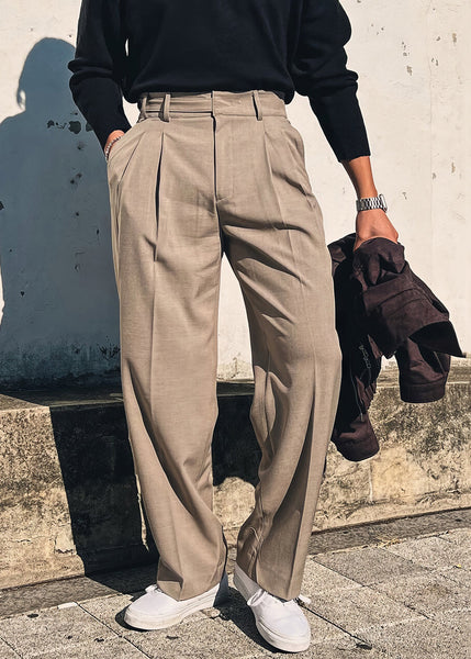 Pockets Solid Pants Fall Waist French High Khaki Mens Spandex FashionChic