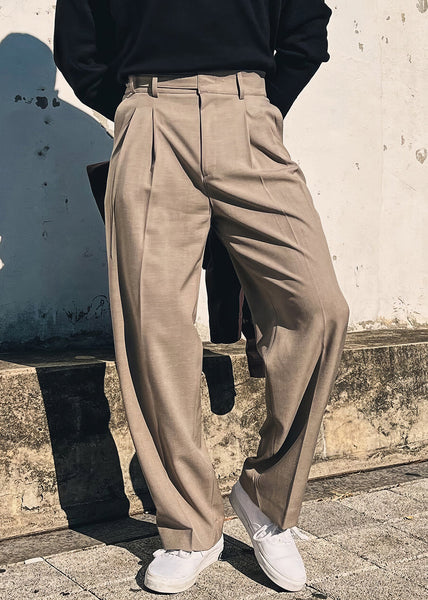 Pockets Solid Pants Fall Waist French High Khaki Mens Spandex FashionChic