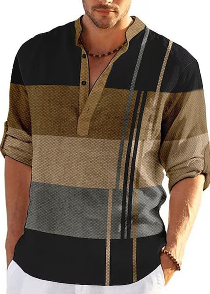 Fall Shirts Plaid Men's Collar Stand Cotton Khaki French T FashionChic