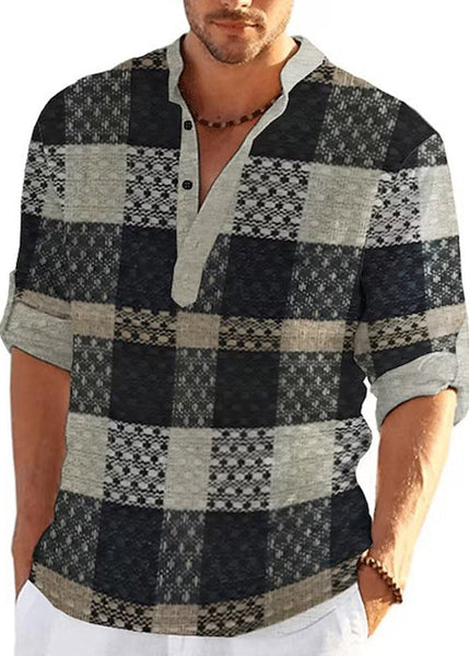 Fall Shirts Plaid Men's Collar Stand Cotton Khaki French T FashionChic