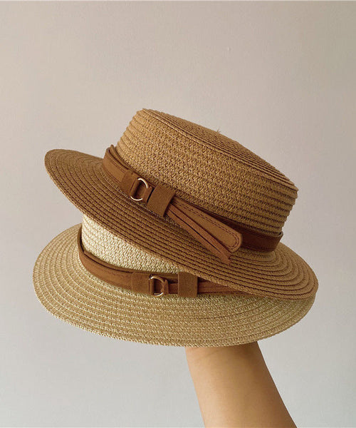 Flat Sun French Hat Straw Cloche Khaki Woven Top FashionChic