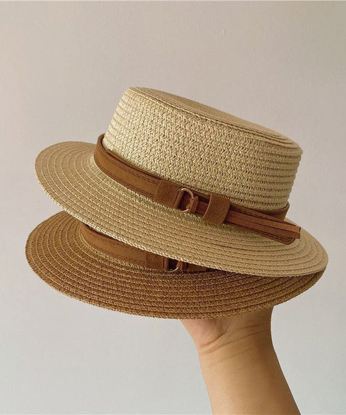 Hat Flat Cloche Sun French Straw Top Woven Khaki FashionChic