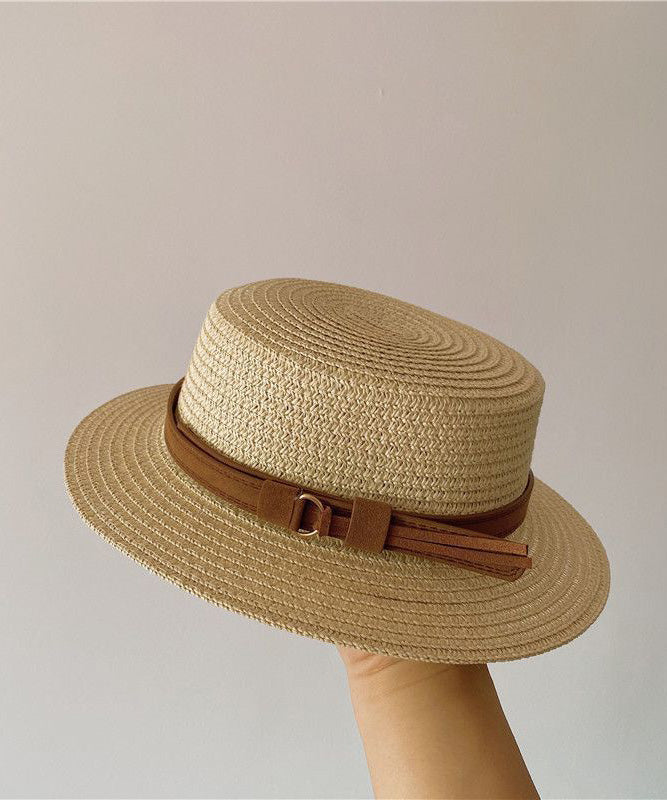 Hat Flat Cloche Sun French Straw Top Woven Khaki FashionChic