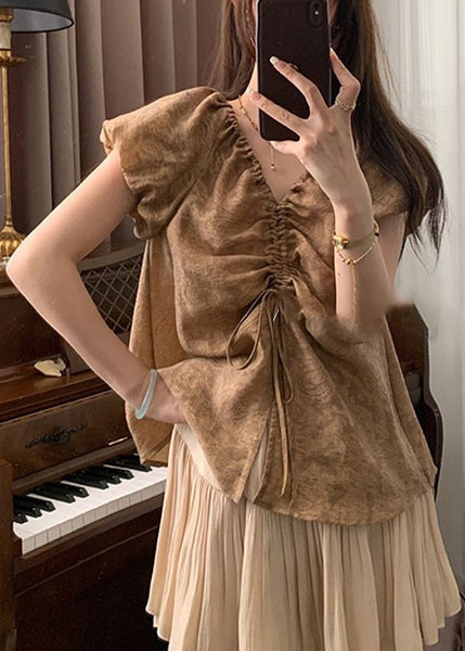 French Khaki V Neck Lace Up Cotton Shirts Puff Sleeve OP1056 Ada Fashion