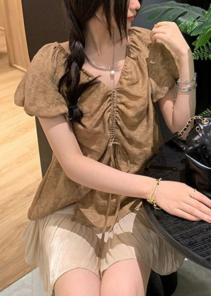 French Khaki V Neck Lace Up Cotton Shirts Puff Sleeve OP1056 Ada Fashion