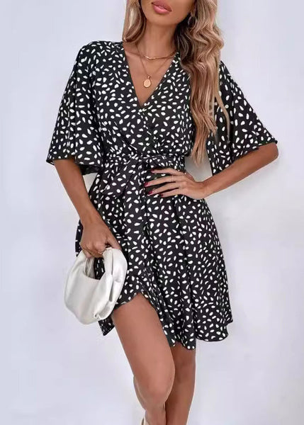French Khaki V Neck Print Tie Waist Cotton Mid Dress Summer FF095 SH-LF-SDM240603