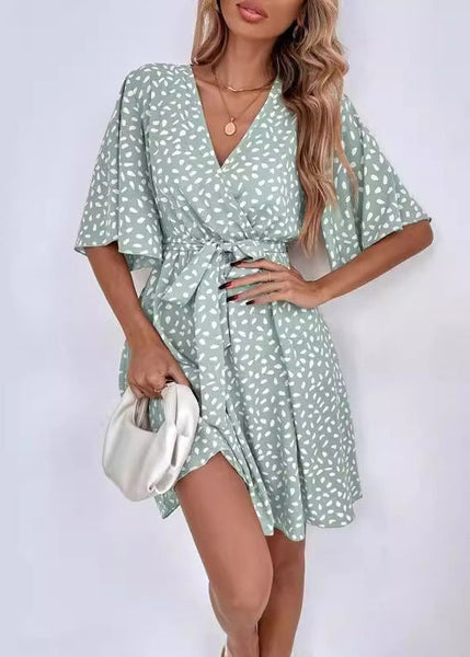 French Khaki V Neck Print Tie Waist Cotton Mid Dress Summer FF095 SH-LF-SDM240603