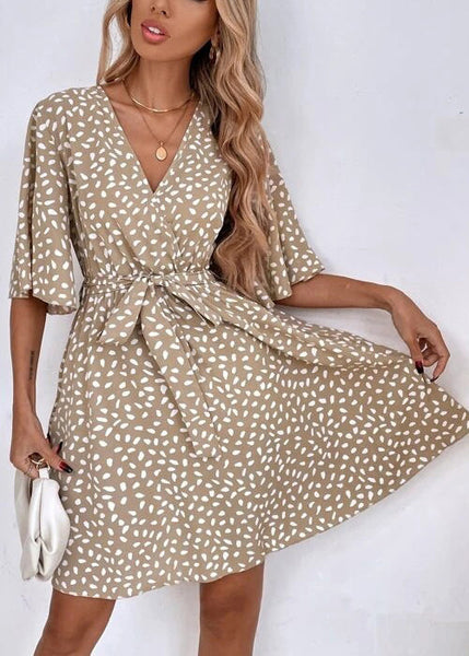 French Khaki V Neck Print Tie Waist Cotton Mid Dress Summer FF095 SH-LF-SDM240603