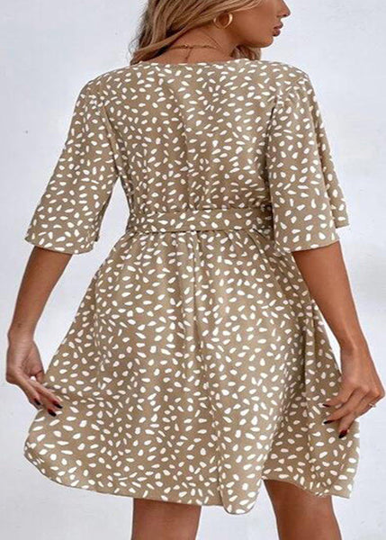 French Khaki V Neck Print Tie Waist Cotton Mid Dress Summer FF095 SH-LF-SDM240603